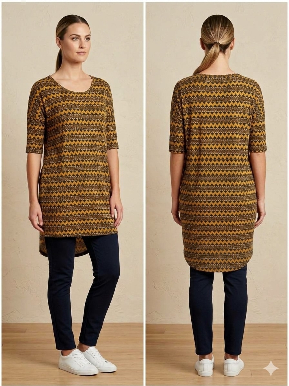 LuLaRoe Mustard and Black Geo-Print Tunic Woman's Size L